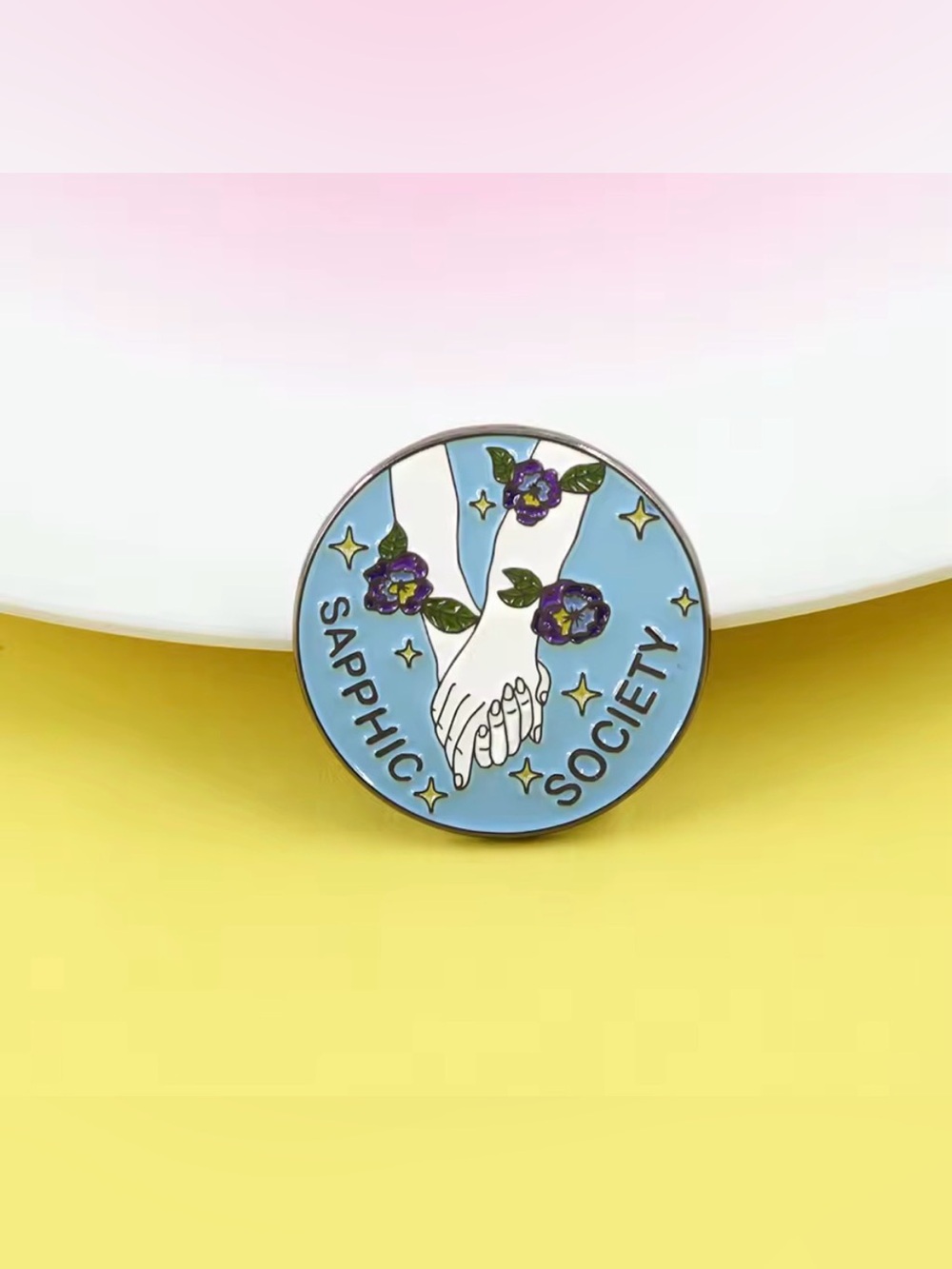 LGBT WLW Lesbian Pride Sapphic Society Holding Hands Violet Flower Enamel Pin - Picture 7 of 11